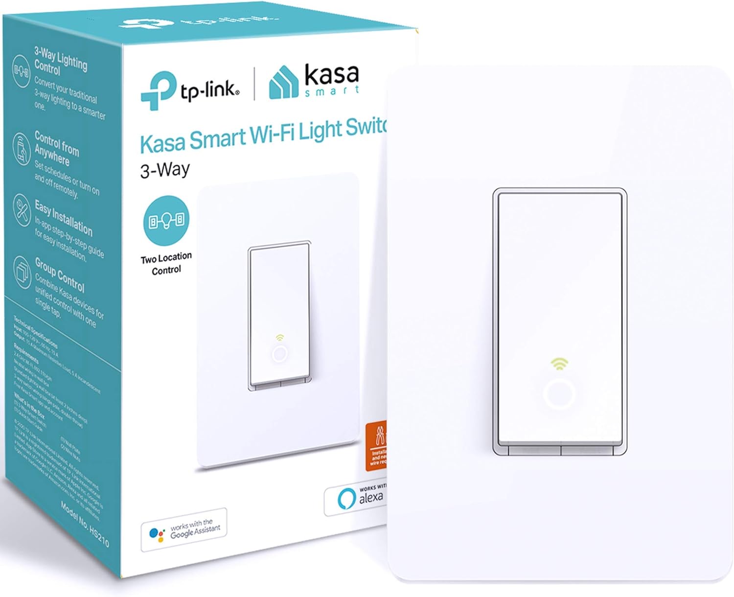 Kasa Smart 3 Way Switch HS210, Needs Neutral Wire, 2.4GHz Wi-Fi Light Switch Works with Alexa and Google Home, UL Certified, No Hub Required, White