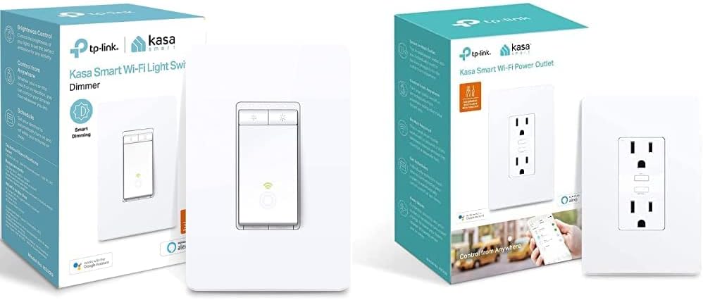 Kasa Smart Single Pole Dimmer Switch by TP-Link (HS220) - Neutral Wire and 2.4GHz Wi-Fi Connection Required  In-Wall WiFi Outlet by TP-Link (KP200) - Neutral Wire and 2.4GHz Wi-Fi Connection Required