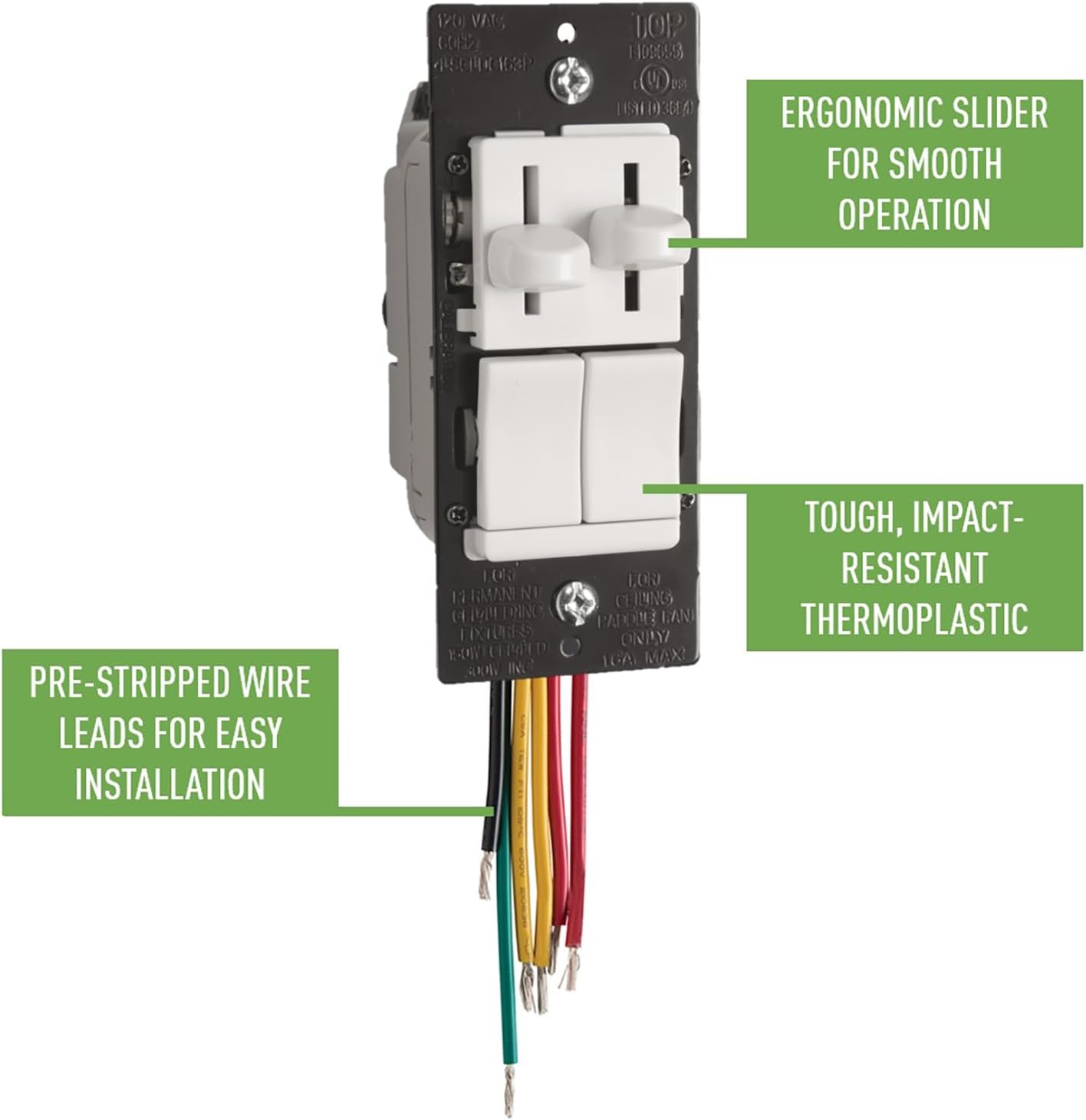 Legrand - Pass  Seymour Dimmer Light Switch with Fan Speed Control Switch, White Single Pole Dimmer Switch, LSCLDC163PWCCV4, 1 Count
