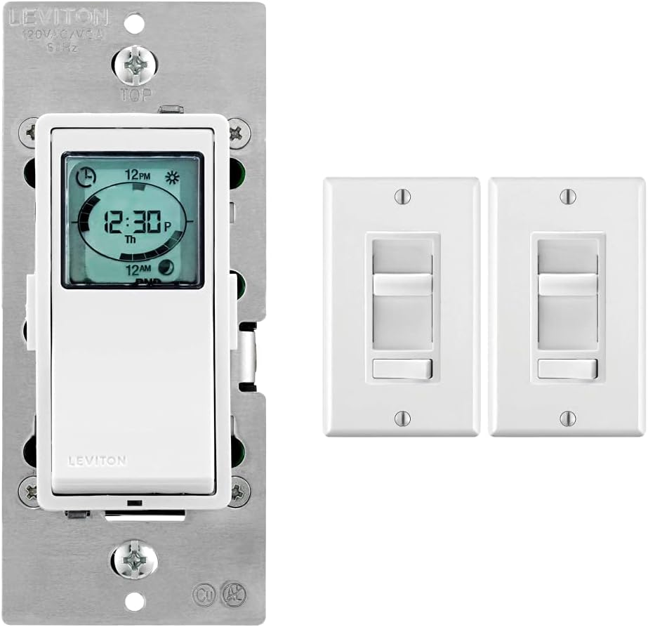 Leviton 021-VPT24-1PZ Vizia 24-Hour Programmable Indoor Timer with Astronomical Clock, White/Ivory/Light Almond, 1 Pack  2 Pack Decora SureSlide Universal LED Dimmer, White