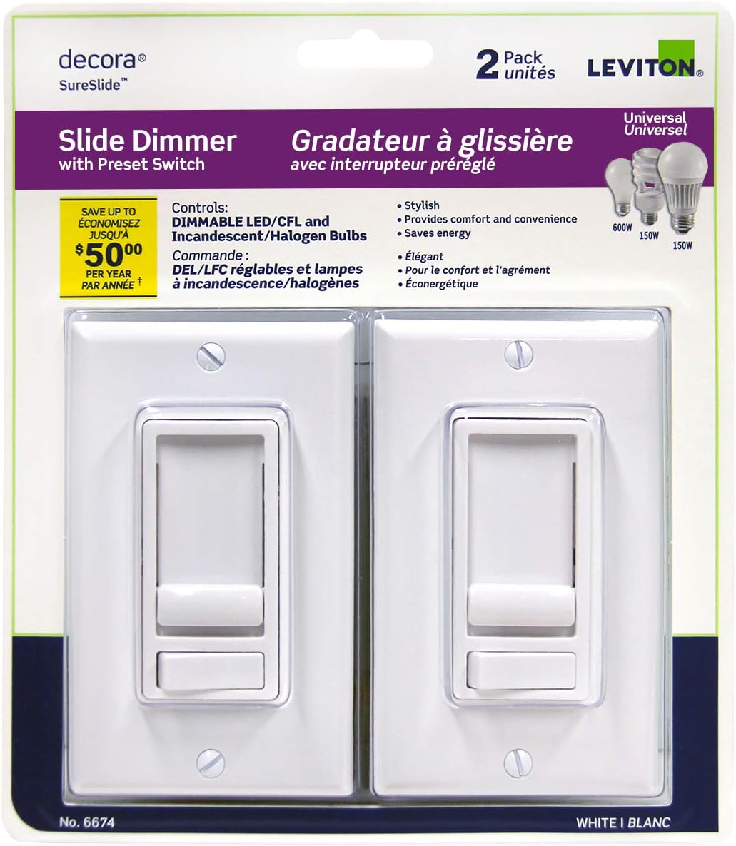Leviton 06674-3PK SureSlide Universal Slide Dimmer with Preset in White, 3-Pack  2 Pack Decora SureSlide Universal LED Dimmer, 60Hz,- White