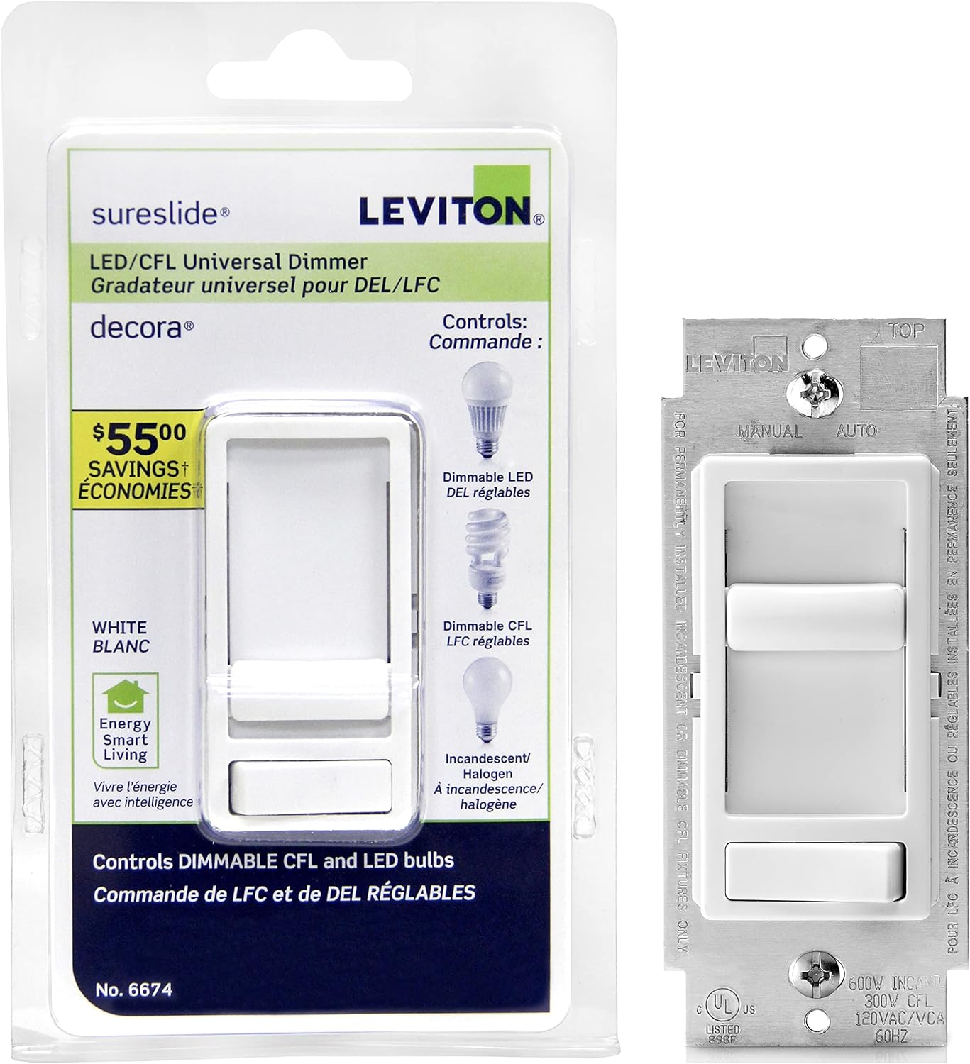 Leviton 6674-P0W SureSlide Universal 150-Watt LED and CFL/600-Watt Incandescent Dimmer, White  80401-W 1-Gang Decora/GFCI Device Decora Wallplate, Standard Size, Thermoset, Device Mount (White)