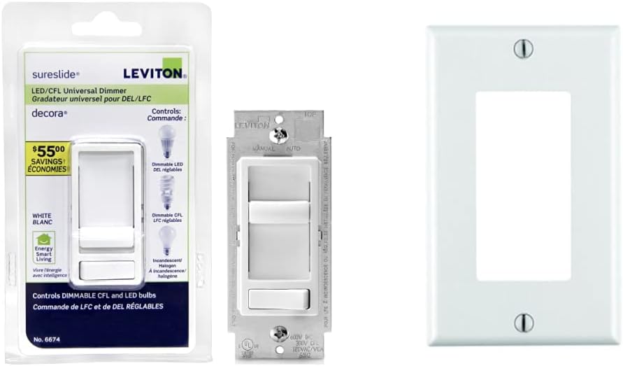 Leviton 6674-P0W SureSlide Universal 150-Watt LED and CFL/600-Watt Incandescent Dimmer, White  80401-W 1-Gang Decora/GFCI Device Decora Wallplate, Standard Size, Thermoset, Device Mount (White)