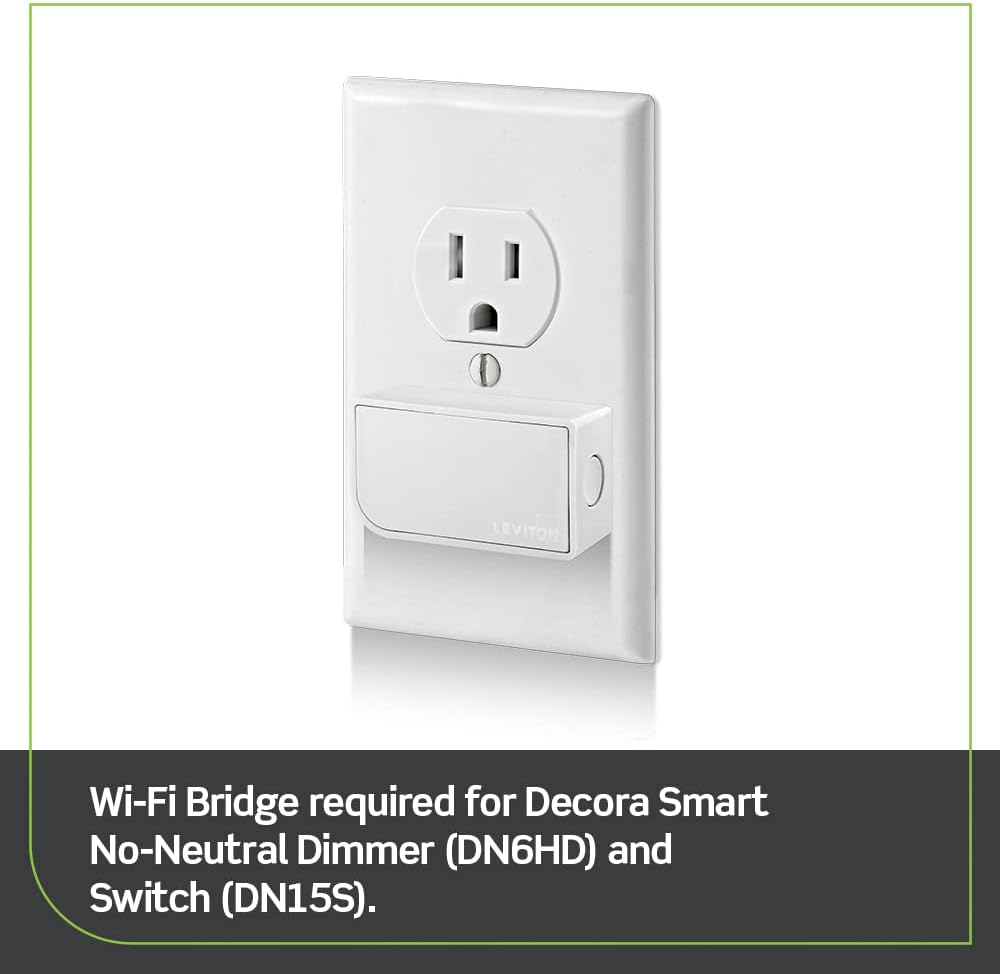 Leviton Decora Smart No-Neutral 15A Switch, Requires MLWSB Wi-Fi Bridge to Work, Alexa, Hey Google and Wi-Fi Bridge, Required forDecora Smart No-Neutral Dimmers and Switches