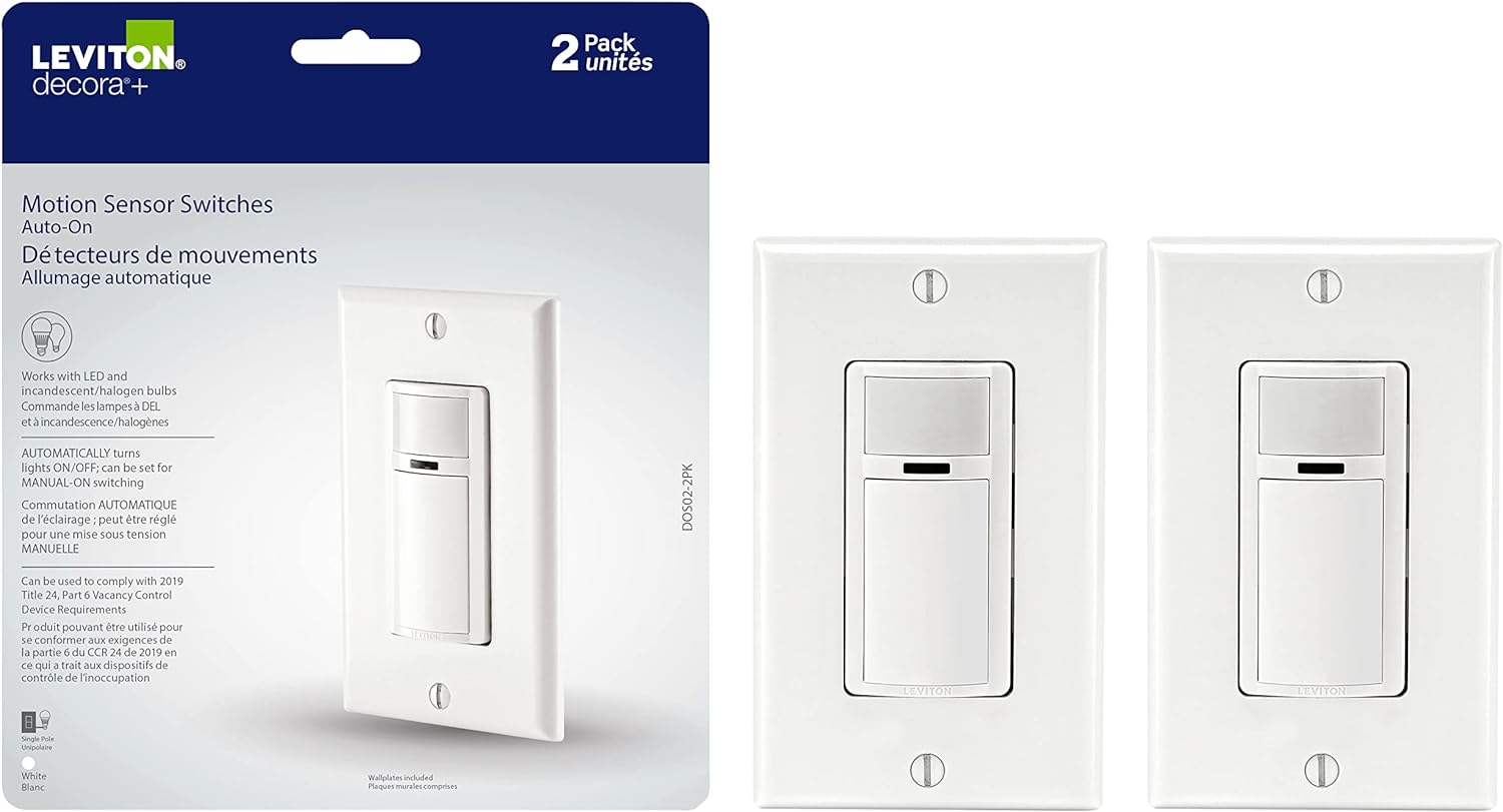 Leviton DOS02-2PK Decora Occupancy Motion Sensor Light Switch, Auto-On, 2A, Residential Grade, Single Pole in White (2-Pack)
