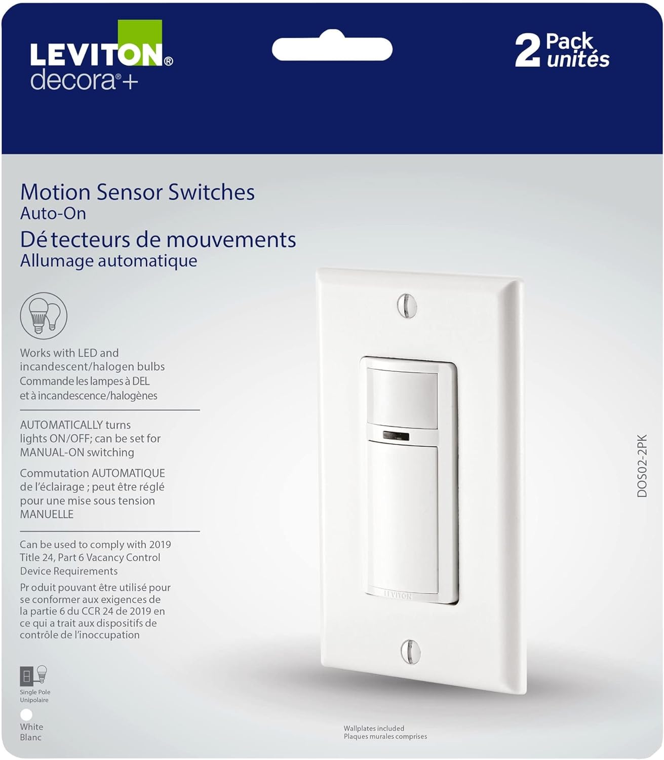 Leviton DOS02-2PK Decora Occupancy Motion Sensor Light Switch, Auto-On, 2A, Residential Grade, Single Pole in White (2-Pack)