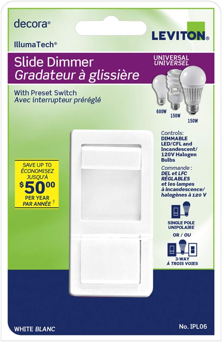 Leviton IPL06-10W Decora IllumaTech Slide Dimmer, 600W-120VAC Incandescent and 150W-120VAC dimmable LED/CFL, 60Hz, Single Pole or 3-Way- White