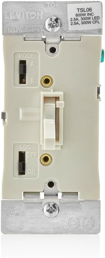 Leviton TSL06-1LI Toggle Slide Universal Dimmer, 300W Dimmable LED  CFL, 600W Incandescent  Halogen for Single Pole or 3-Way, with Locator Light, Ivory, 1 Pack