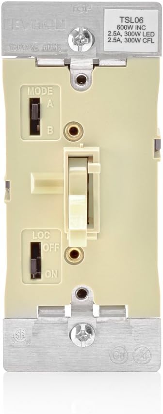 Leviton TSL06-1LI Toggle Slide Universal Dimmer, 300W Dimmable LED  CFL, 600W Incandescent  Halogen for Single Pole or 3-Way, with Locator Light, Ivory, 1 Pack
