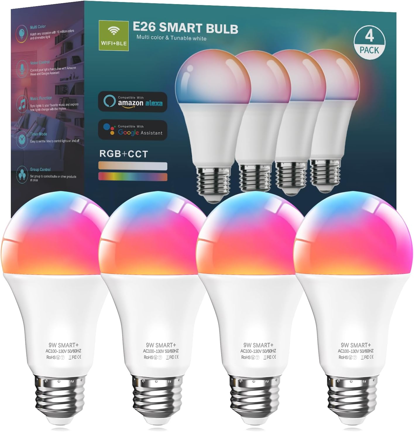 Luckystyle Smart LED Light Bulbs 4 Pack, 9W A19 WiFi Bluetooth Music Sync Color Changing RGB Light Bulbs with Alexa and Google Home,Dimmable Daylight White 800 LM and 16 Million DIY Colors LED Bulbs