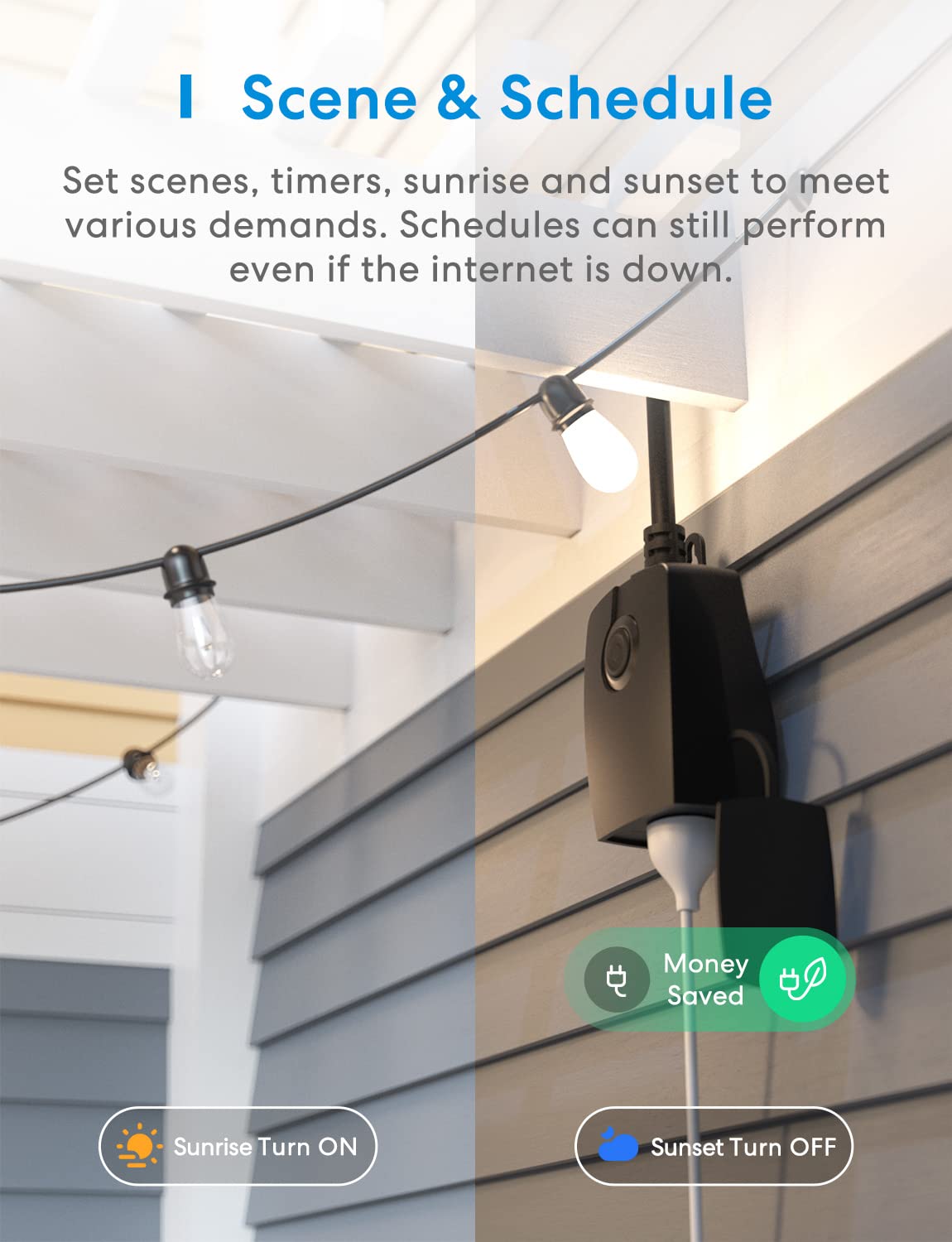 meross Smart Dimmer Plug, Outdoor Smart Plug WiFi Works with Apple HomeKit, Alexa, Google Home, IP44 Waterproof Outdoor Dimmer for String Lights, Routine Offline Control, Sunset  Sunrise