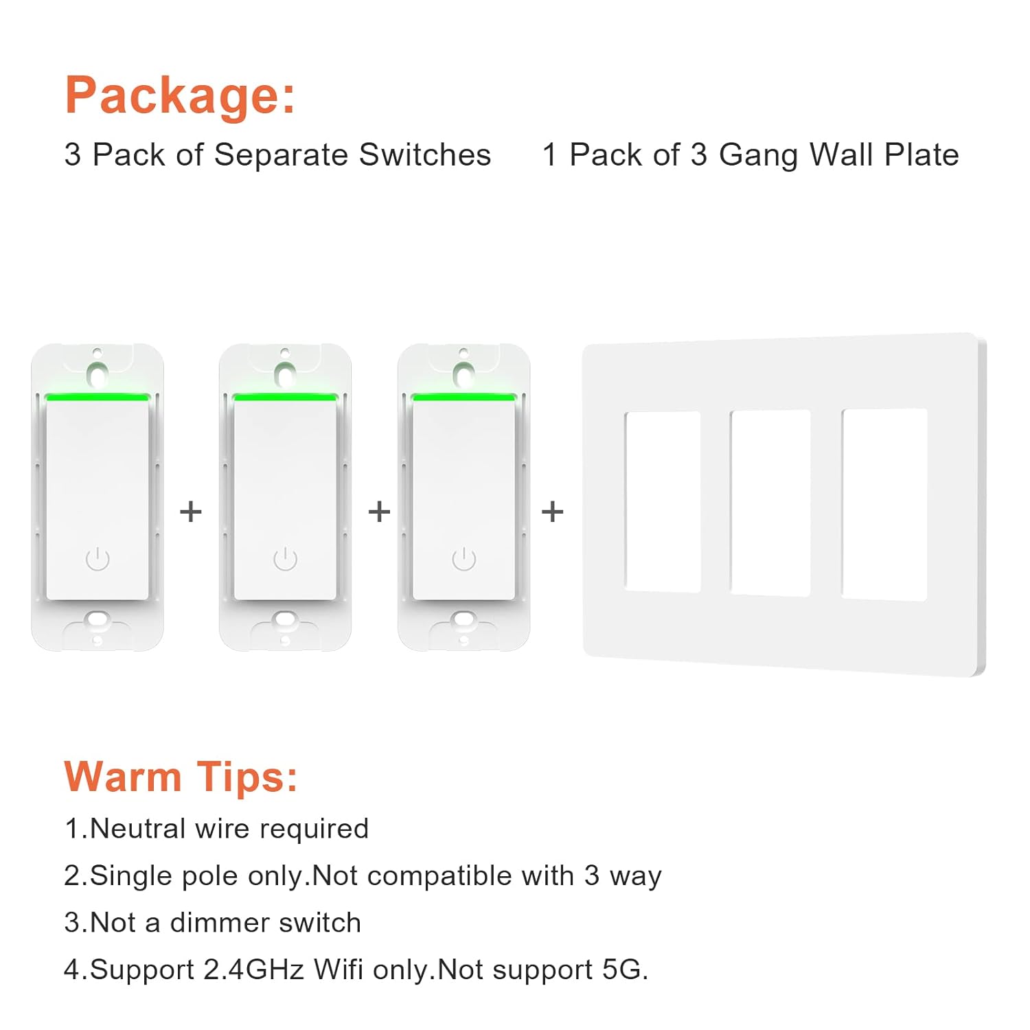 Milfra Smart Switch 3 Gang,Smart WiFi Light Switch Work with Alexa Google Home,Voice and Remote Control,No Hub Required,Single-Pole Only