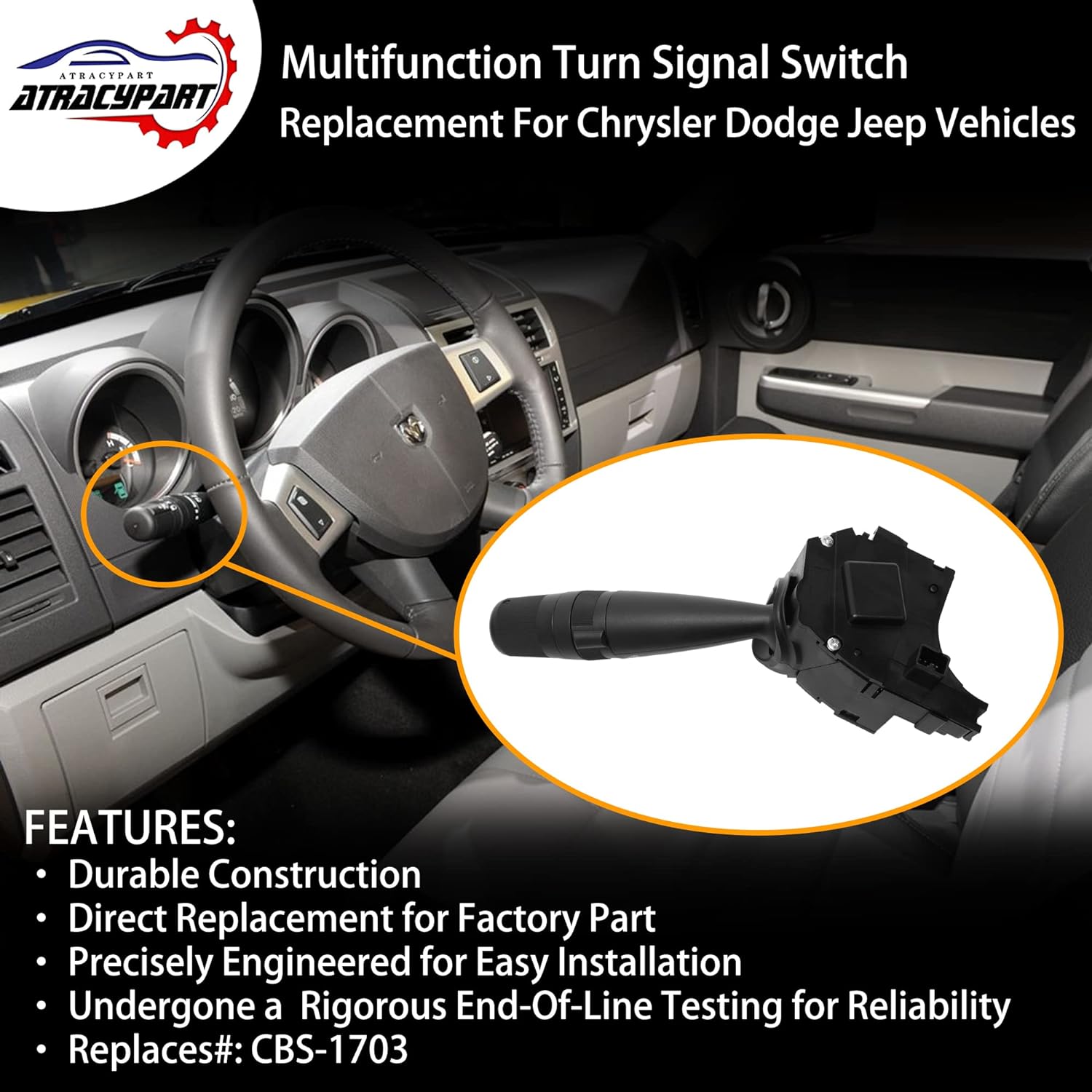 Multifunction Turn Signal Switch Combination Control | Replacement for 2006-2017 Chrysler Dodge  More | Replaces# CBS-1703 | Fog Light Control, Headlight Dimmer, High Beam Latching