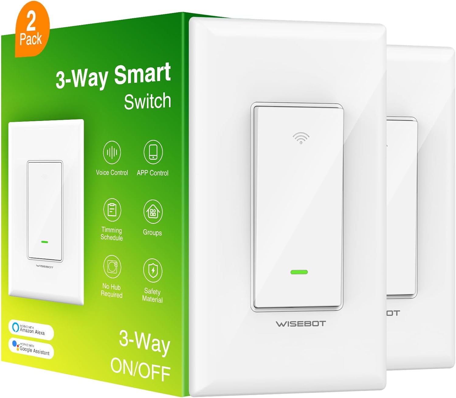 WISEBOT 3-Way Smart Switch, 2.4G WiFi Light Switch with Timer Function, Voice Control with Alexa and Google Home, Remote Control from App, Needs Neutral Wire, 3-Way Easy Installation