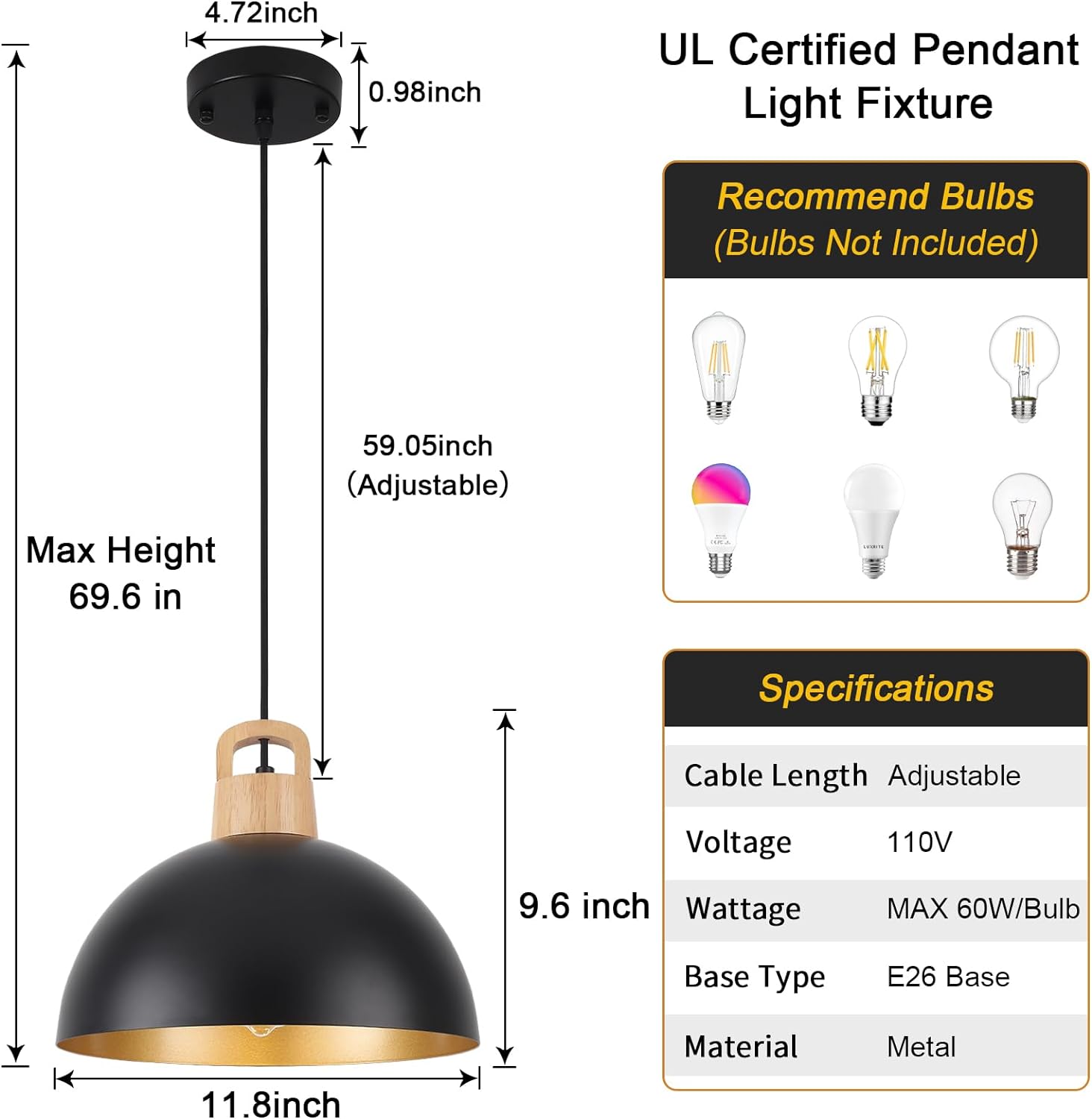 ZemSum Plug in Pendant Light, Hanging Lamps with Plug in Cord and Dimmer Switch, Black Plug in Chandelier for Kitchen Island Dining Room Living Room Bedroom