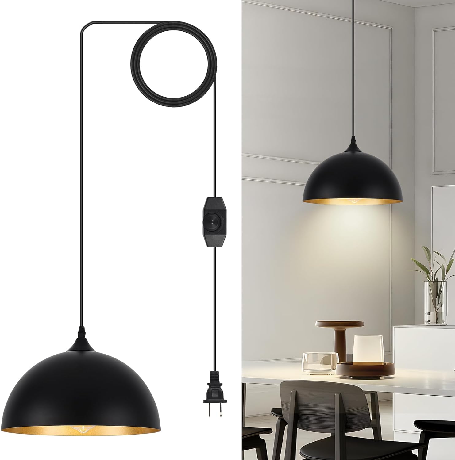 ZemSum Plug in Pendant Light, Hanging Lamps with Plug in Cord and Dimmer Switch, Black Plug in Chandelier for Kitchen Island Dining Room Living Room Bedroom